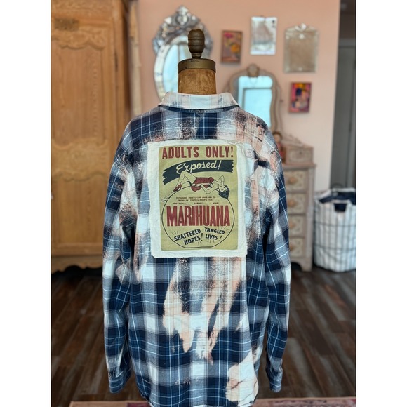 Upcycled/Reworked Flannel Shirt| "Adults Only!" Vintage Patchwork| Grunge| XL - Picture 4 of 5